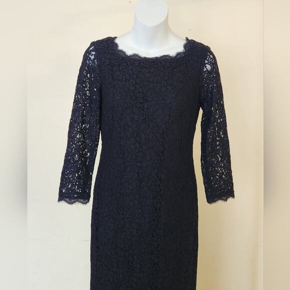 ADRIANNA PAPELL Navy Blue Floral Lace 3/4 Sleeve Evening Gown Maxi Dress Size 4 - Picture 8 of 13